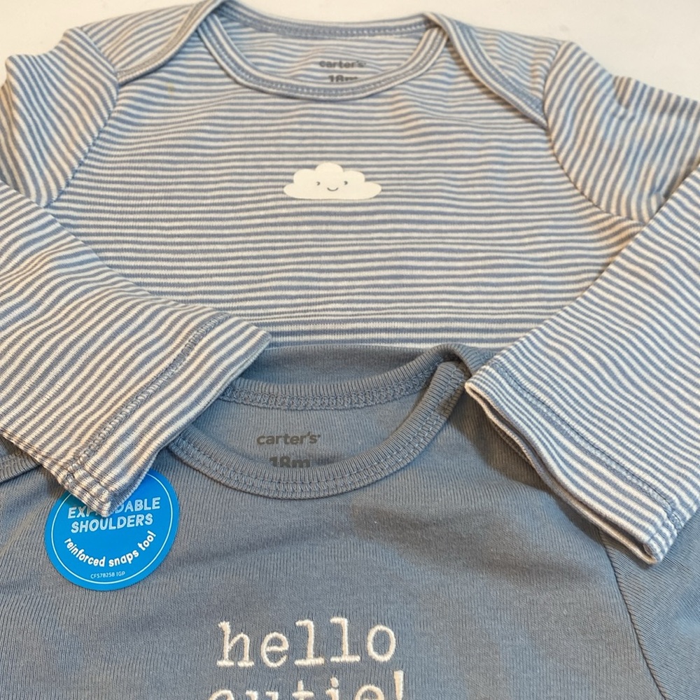 Carter's Heather Gray/ blue Long Sleeve Bodysuit set Soft Cotton Snaps.  18M